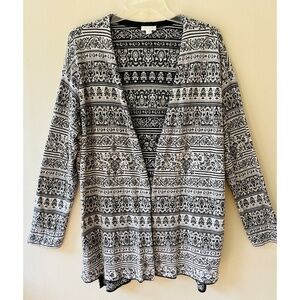 J. Jill Sz L Black White Jacquard Open‎ Front V Neck Cardigan Sweater Stretch